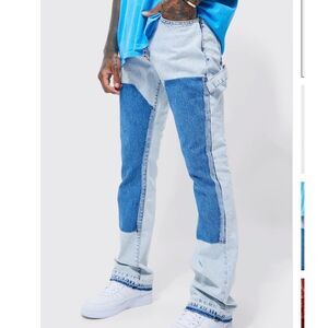 BOOHOO MAN SLIM RIGID FLARE PANEL DISTRESSED JEANS LIGHT BLUE 28L NWT